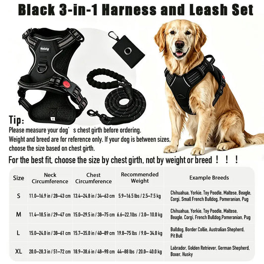 HELETY 3-In-1 No-Pull Dog Vest Harness Set for Medium-Large Dogs - Black Heavy-Duty Reflective Oxford Belt with Anti-Escape Lock, Adjustable, Includes Poop Bag Holder & Airtag Compatibility for Safe Outdoor Walking Night Walk Coyote Proof Doggood Car Seat