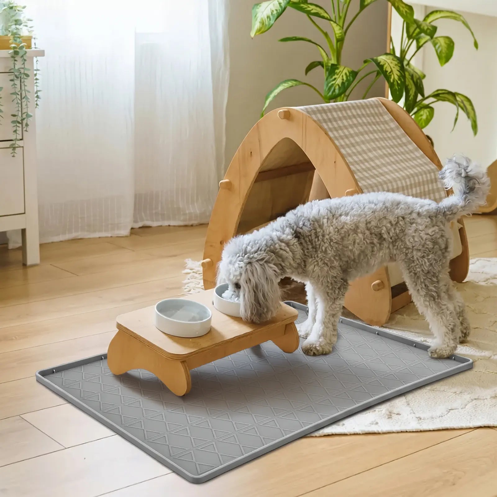 Pawtners 2-Pack Large Silicone Dog Food Mat with Raised Edge, Waterproof Non-Slip Pet Feeding Mat for Floors, Dog Bowl Mat for Food and Water, Spill Proof Cat & Dog Feeding Placemat, Easy Clean, 34 X 22, Gray