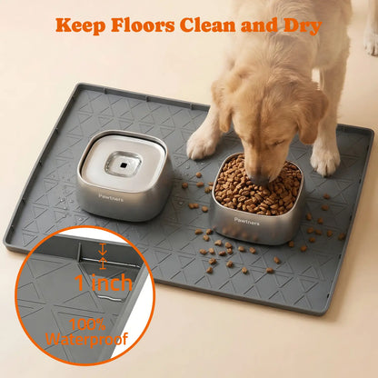 Pawtners 2-Pack Large Silicone Dog Food Mat with Raised Edge, Waterproof Non-Slip Pet Feeding Mat for Floors, Dog Bowl Mat for Food and Water, Spill Proof Cat & Dog Feeding Placemat, Easy Clean, 34 X 22, Gray